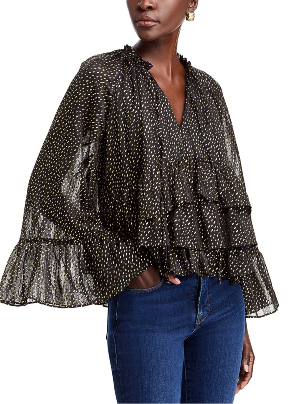 Aqua Black Metallic Dot Ruffle V-Neck Blouse 🆕